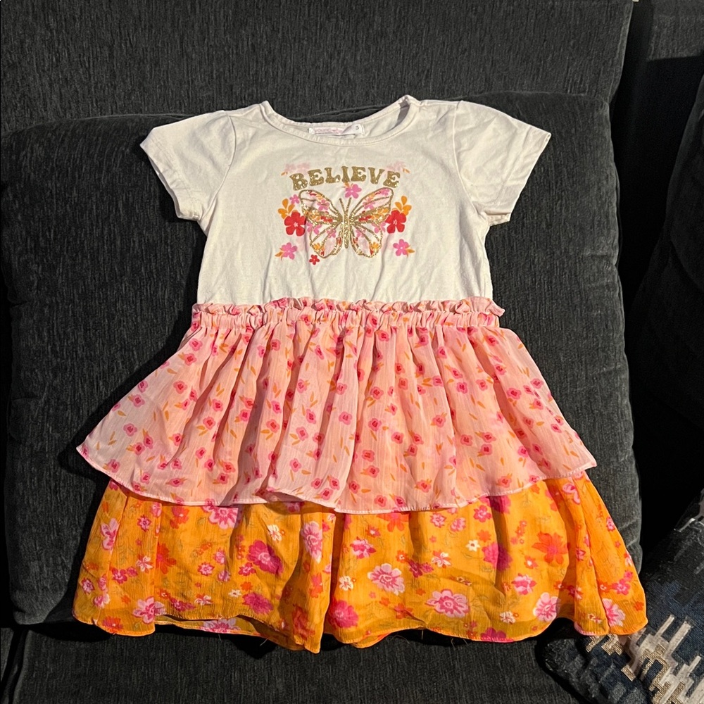 Charming Butterfly Kids Dress - White, Pink, and Orange